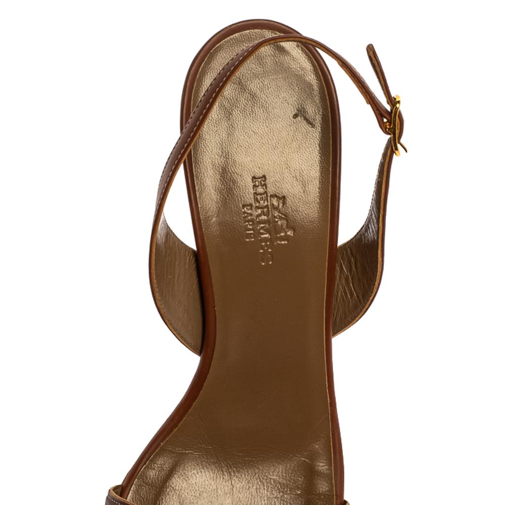 Hermes Brown Leather Night Slingback Sandals Size 38.5 In Good Condition In Dubai, Al Qouz 2