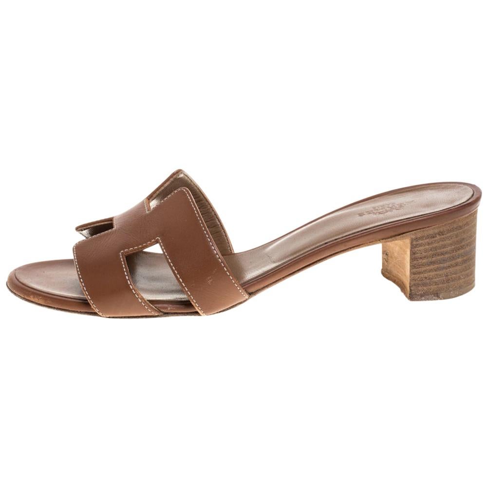 Hermès Brown Leather Oasis Slide Sandals Size 36