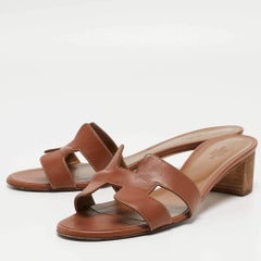 Hermes Brown Leather Oasis Slides Sandals Size 40.5
