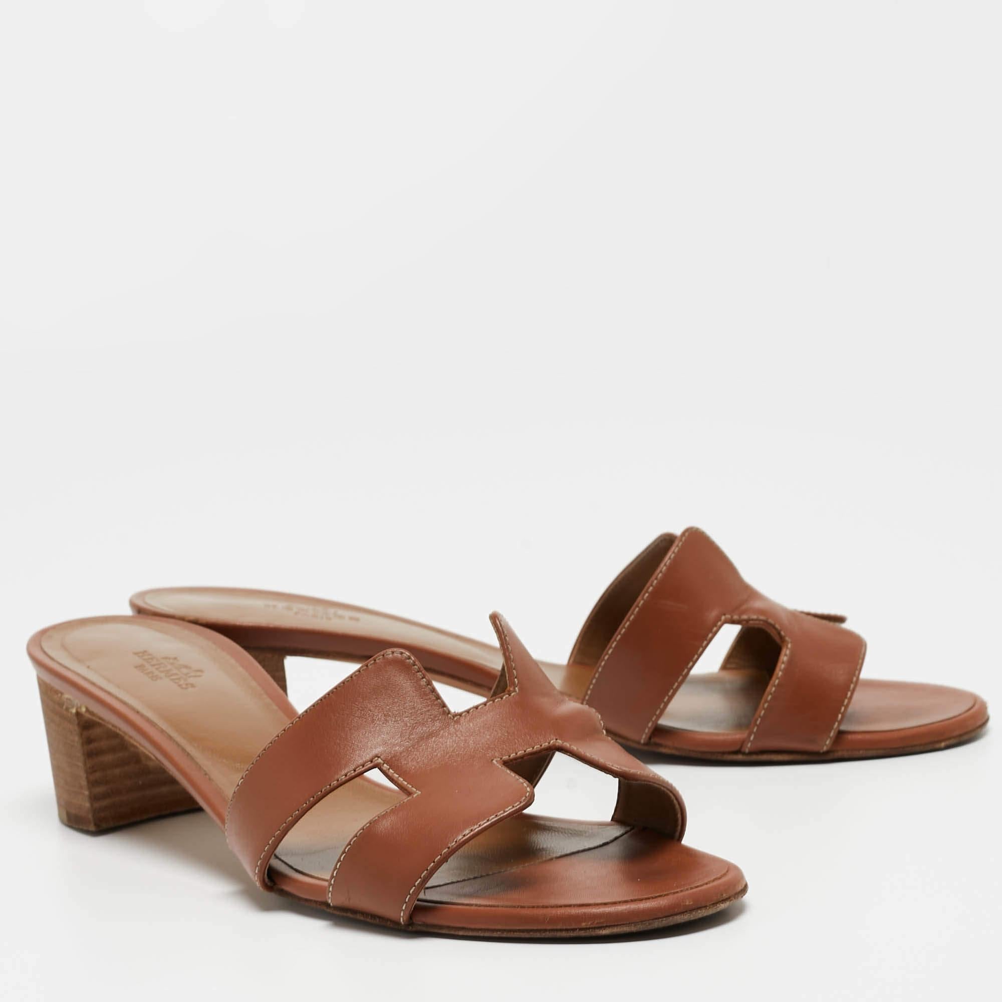 Women's Hermes Brown Leather Oasis Slides Sandals Size 40.5