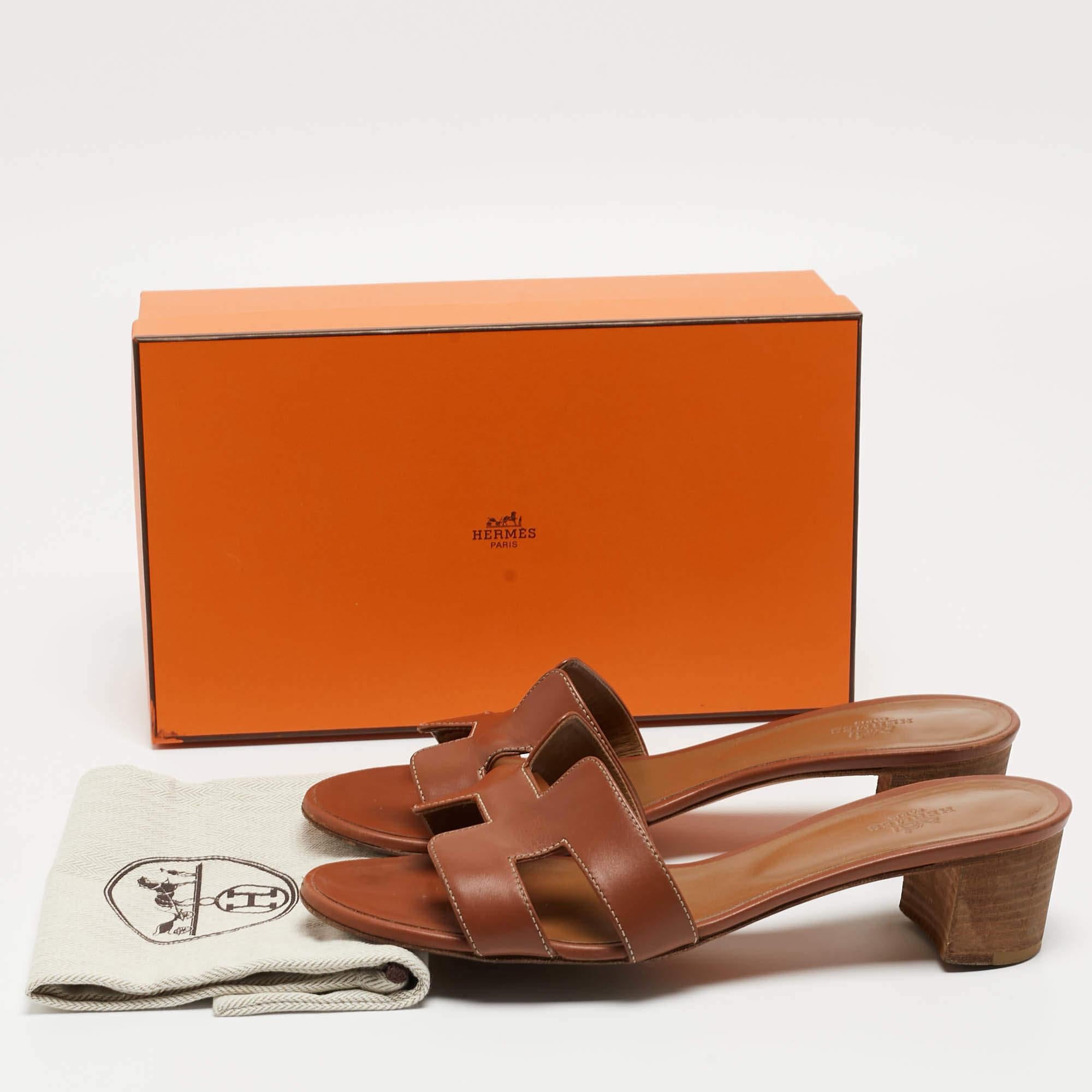 Hermes Brown Leather Oasis Slides Sandals Size 40.5 5