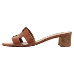 Hermes Brown Leather Oasis Slides Sandals Size 40.5