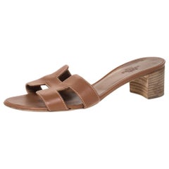 Hermes Brown Leather Oasis Slides Size 35