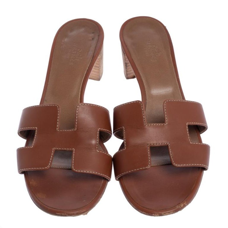 Hermes Brown Leather Oran Block Heel Sandals Size 39 at 1stDibs