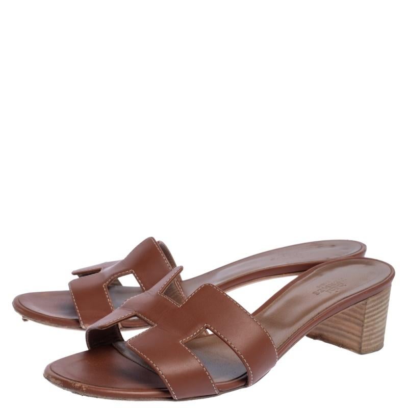 Hermes Brown Leather Oran Block Heel Sandals Size 39 1
