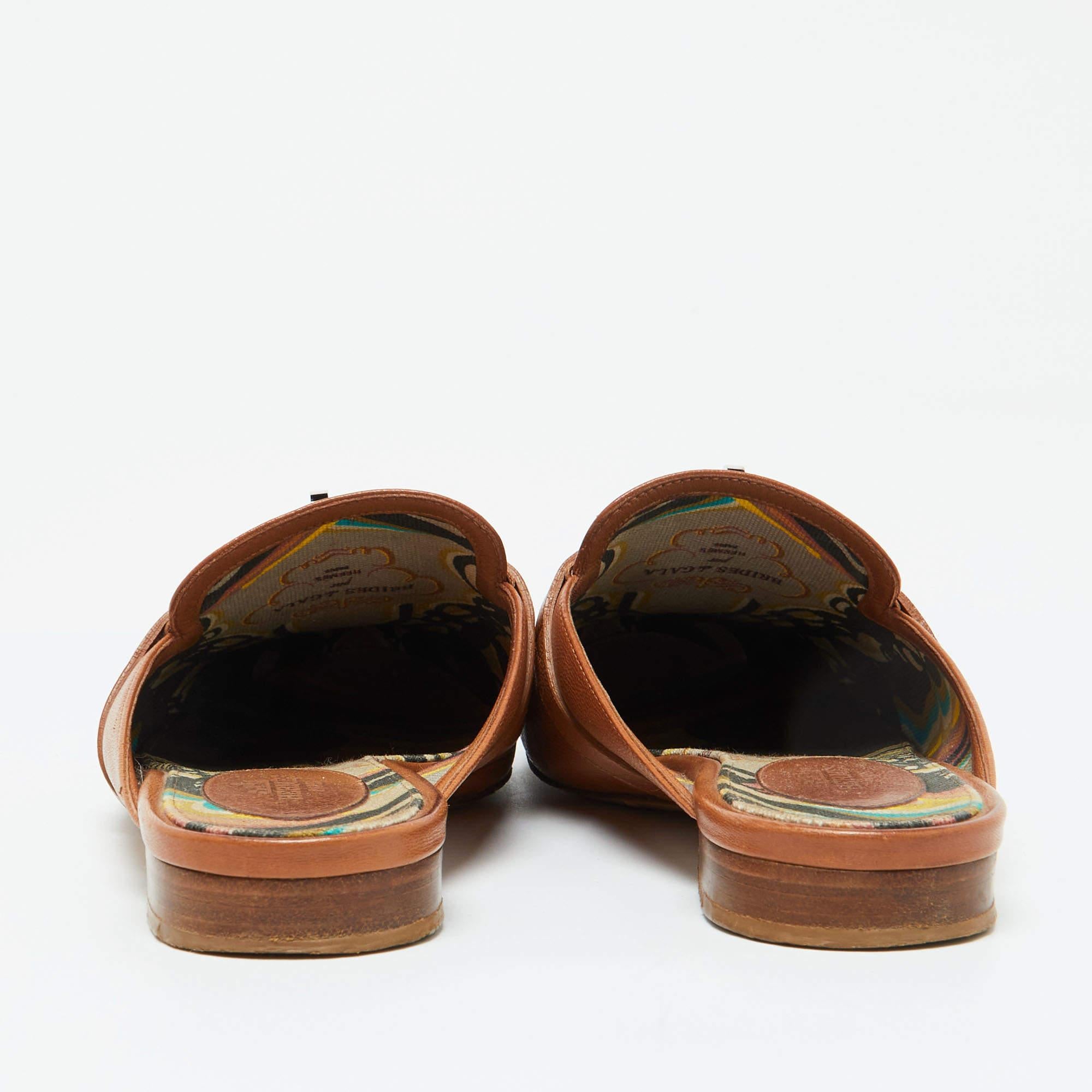Hermes Brown Leather Oz Flat Mules Size 37.5 1