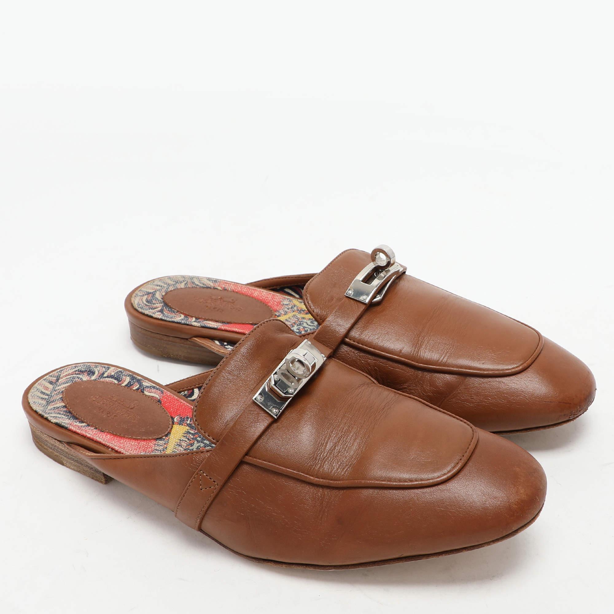 Women's Hermes Brown Leather Oz Mules Size 38 For Sale
