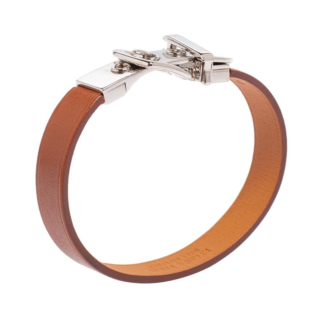 Hermès Brown Leather Palladium Plated Java 10 Bracelet M In Good Condition In Dubai, Al Qouz 2