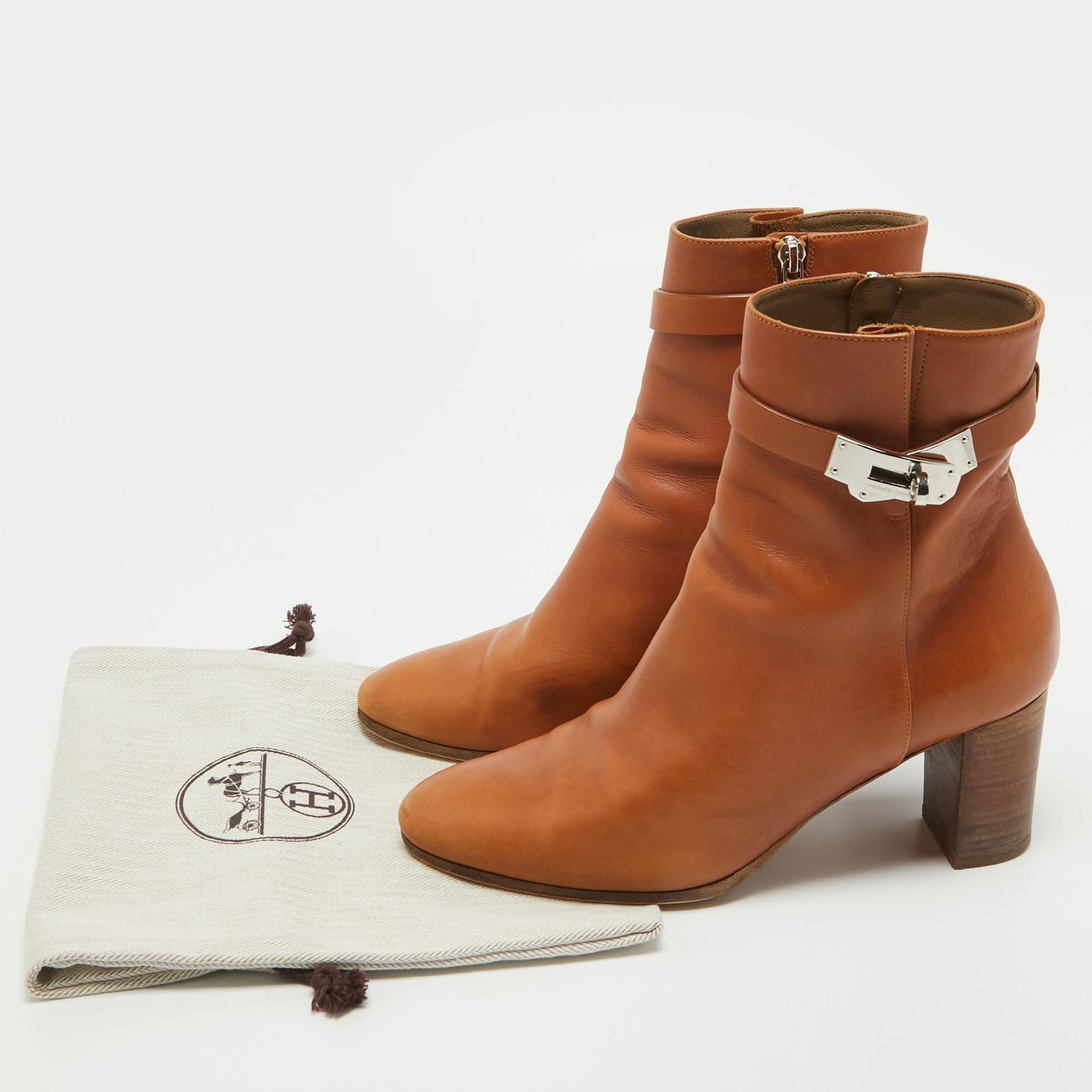 Hermes Brown Leather Saint Germain Block Heel Ankle Boots Size 39 6