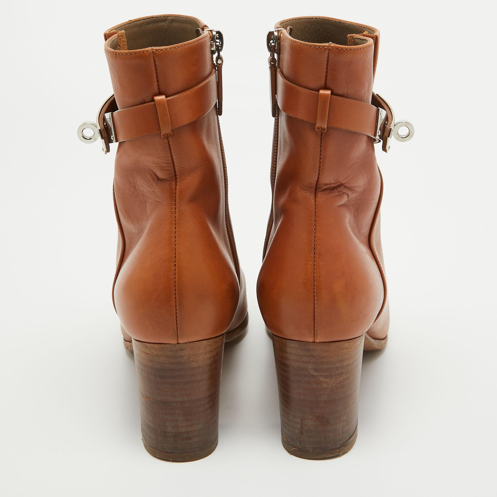 Hermes Brown Leather Saint Germain Block Heel Ankle Boots Size 39 4