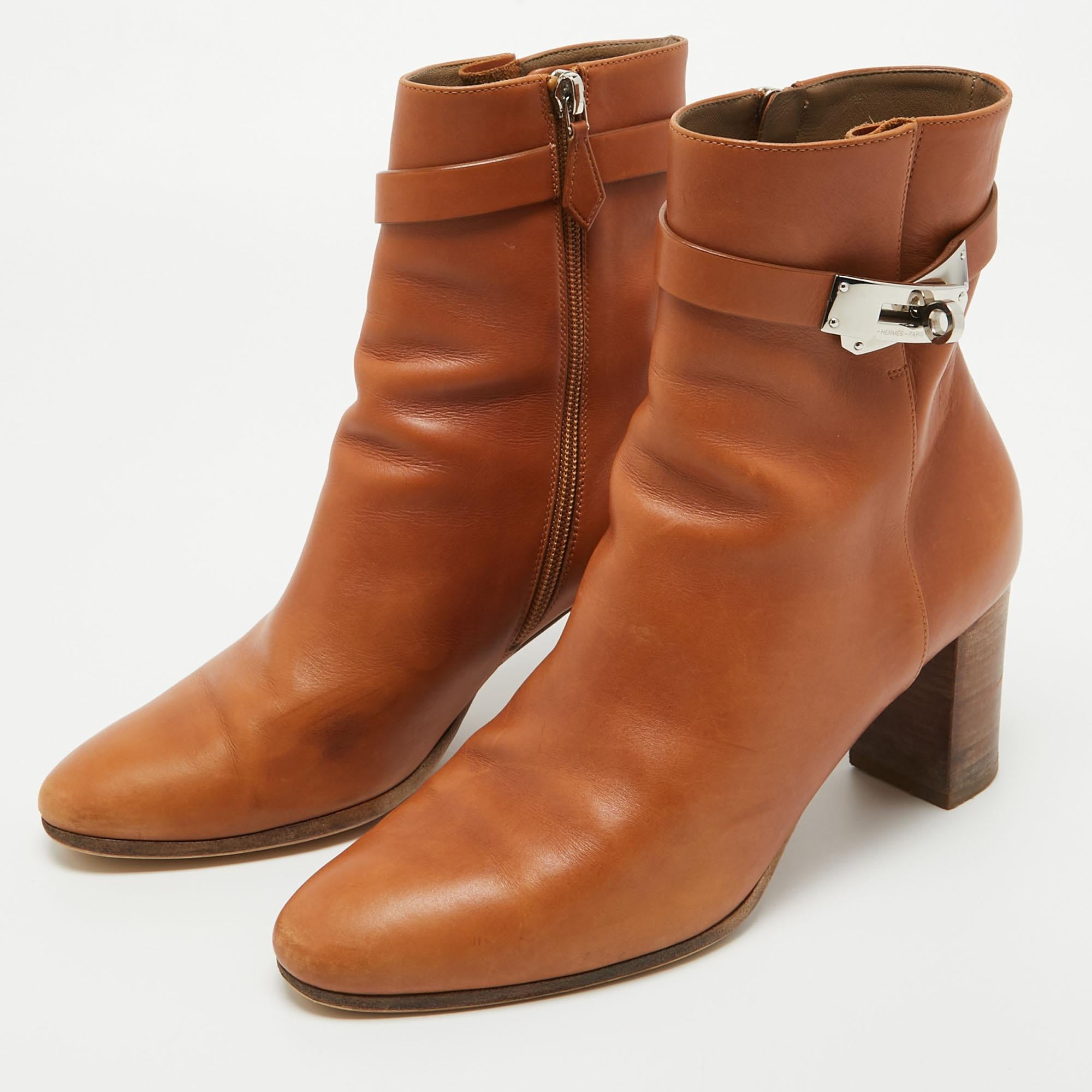 Hermes Brown Leather Saint Germain Block Heel Ankle Boots Size 39 5