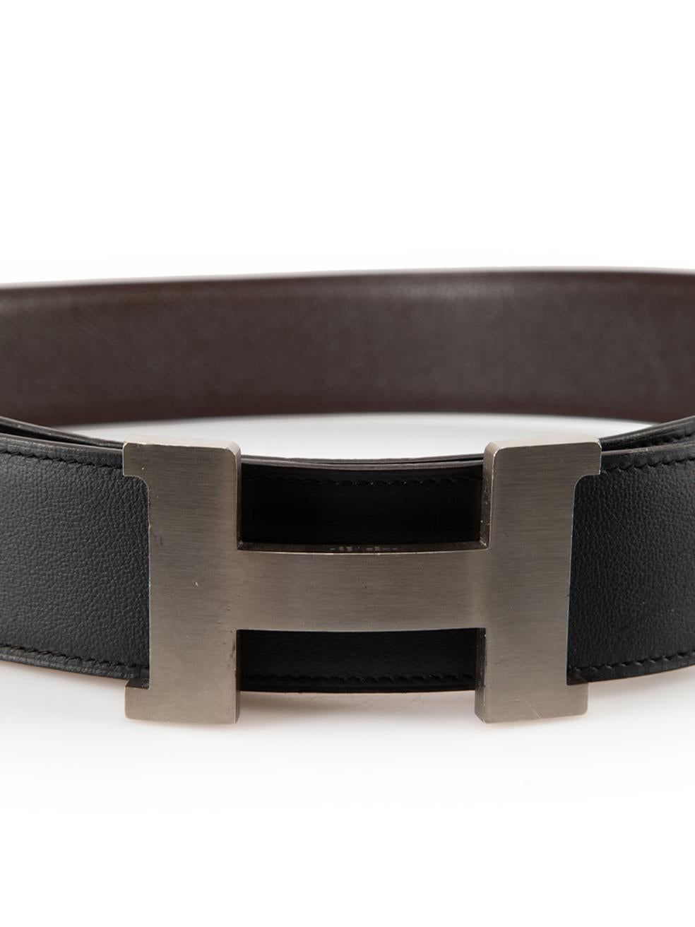 Black Hermès Brown Leather Silver ’H’ Buckle Belt For Sale