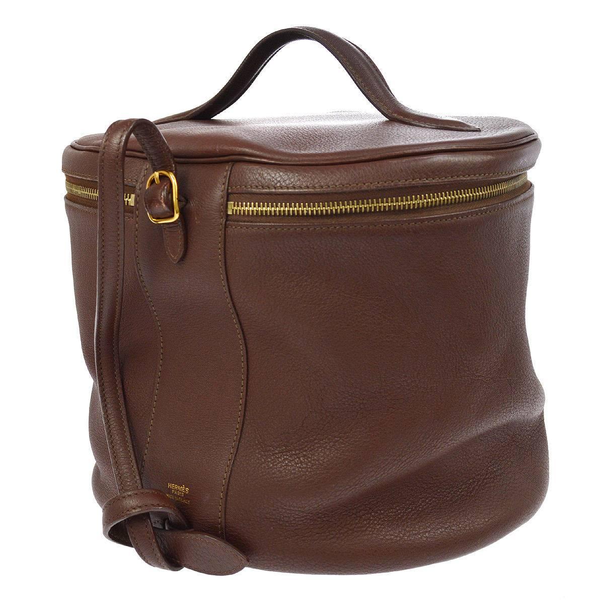 Hermes Brown Leather Vanity Jewelry Travel Storage CarryAll Handle Shoulder Bag 2