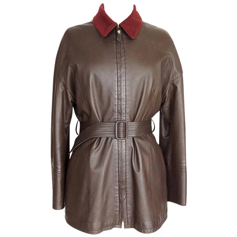 Hermes Brown Leather Vintage Jacket Bordeaux Lined Cashmere / Wool 38 / 6