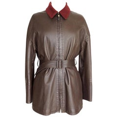 Hermès - Veste vintage en cuir marron doublée en cachemire et laine bordeaux, taille 38/6