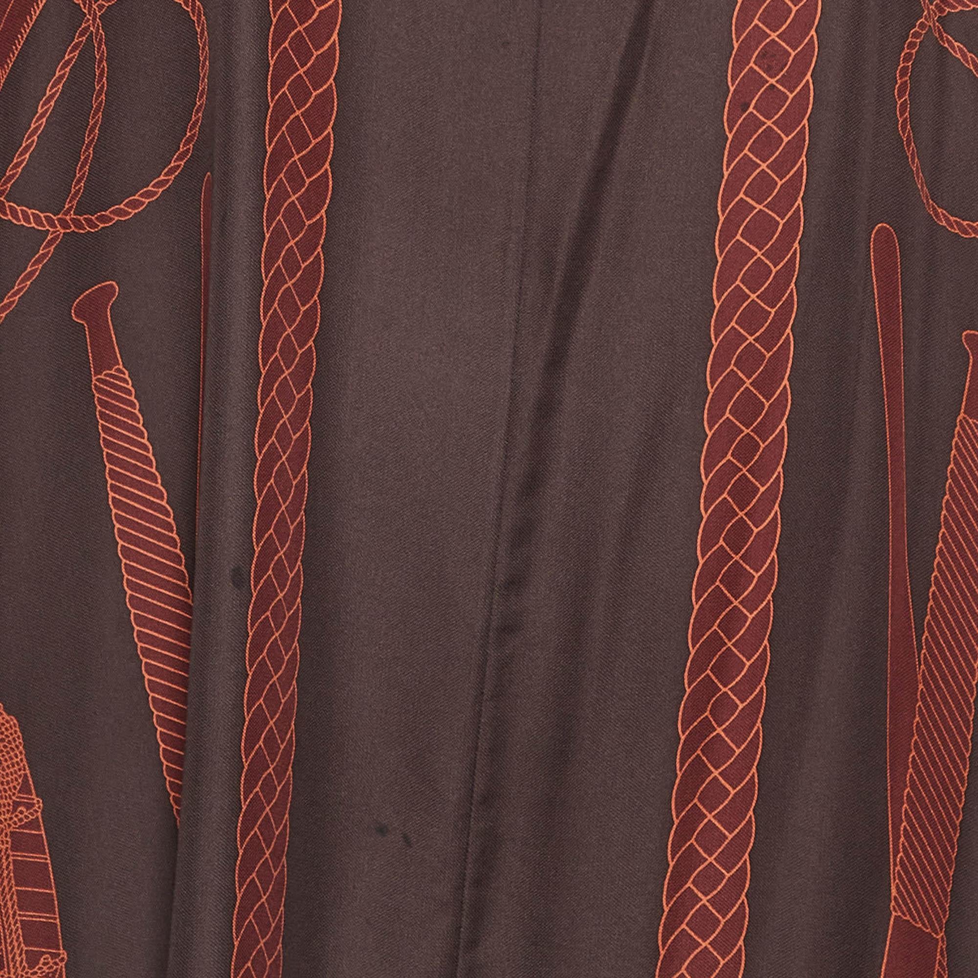 Black Hermes Brown Les Tambours Print Silk Tunic Midi Dress L