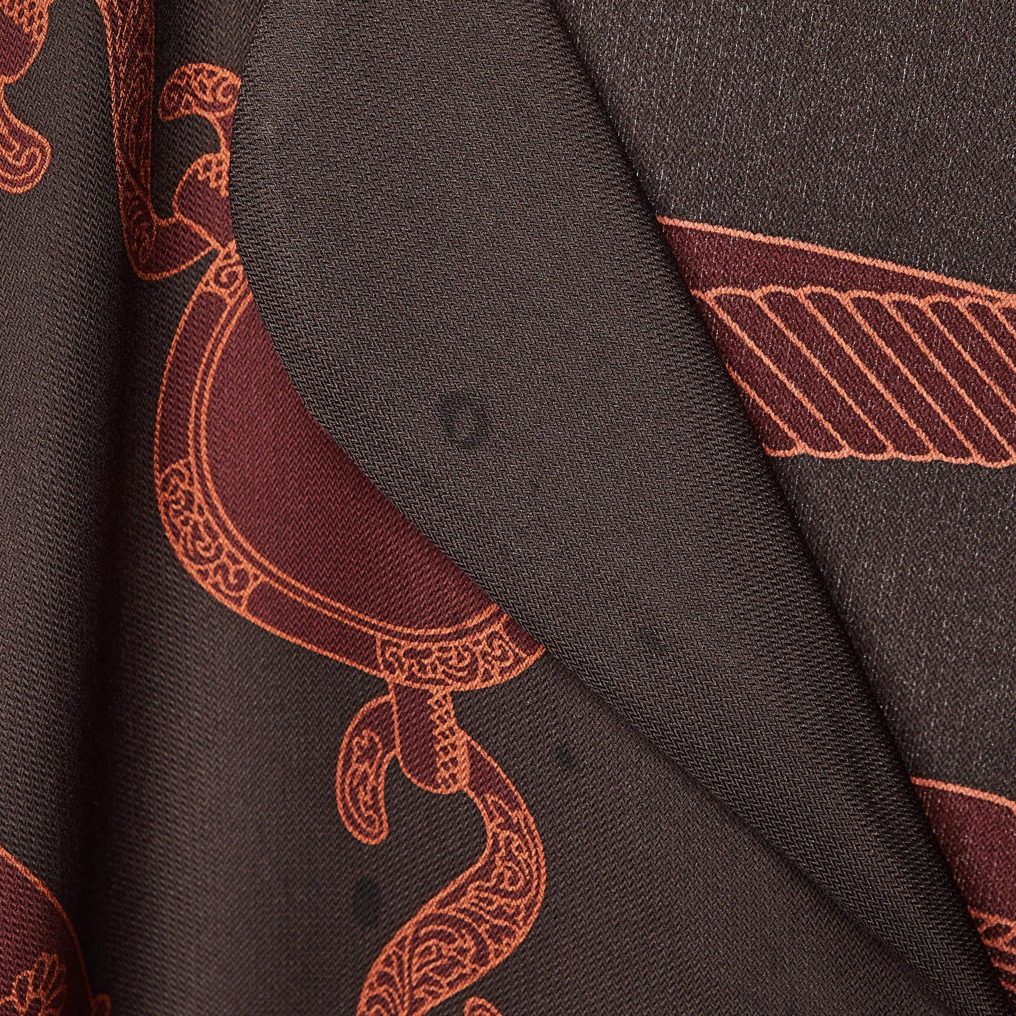 Hermes Brown Les Tambours Print Silk Tunic Midi Dress L In Good Condition In Dubai, Al Qouz 2