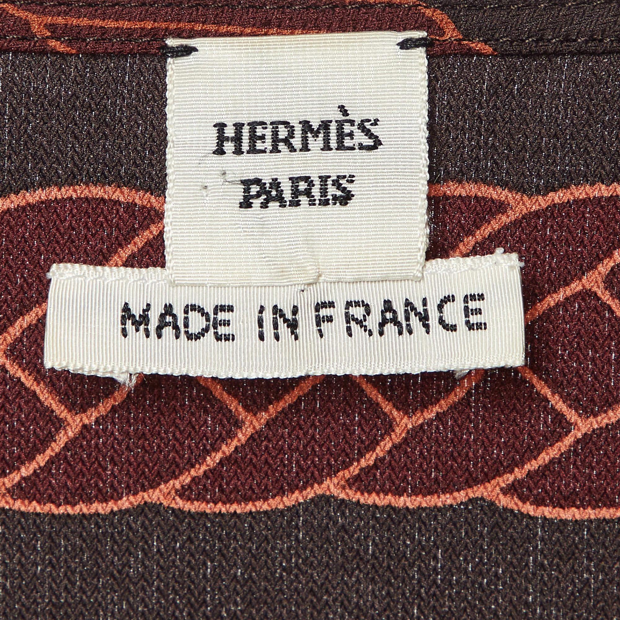 Women's Hermes Brown Les Tambours Print Silk Tunic Midi Dress L