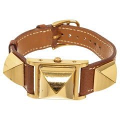 Medor-Uhr aus braunem Metall und Leder mit 23. Quarz von Hermès