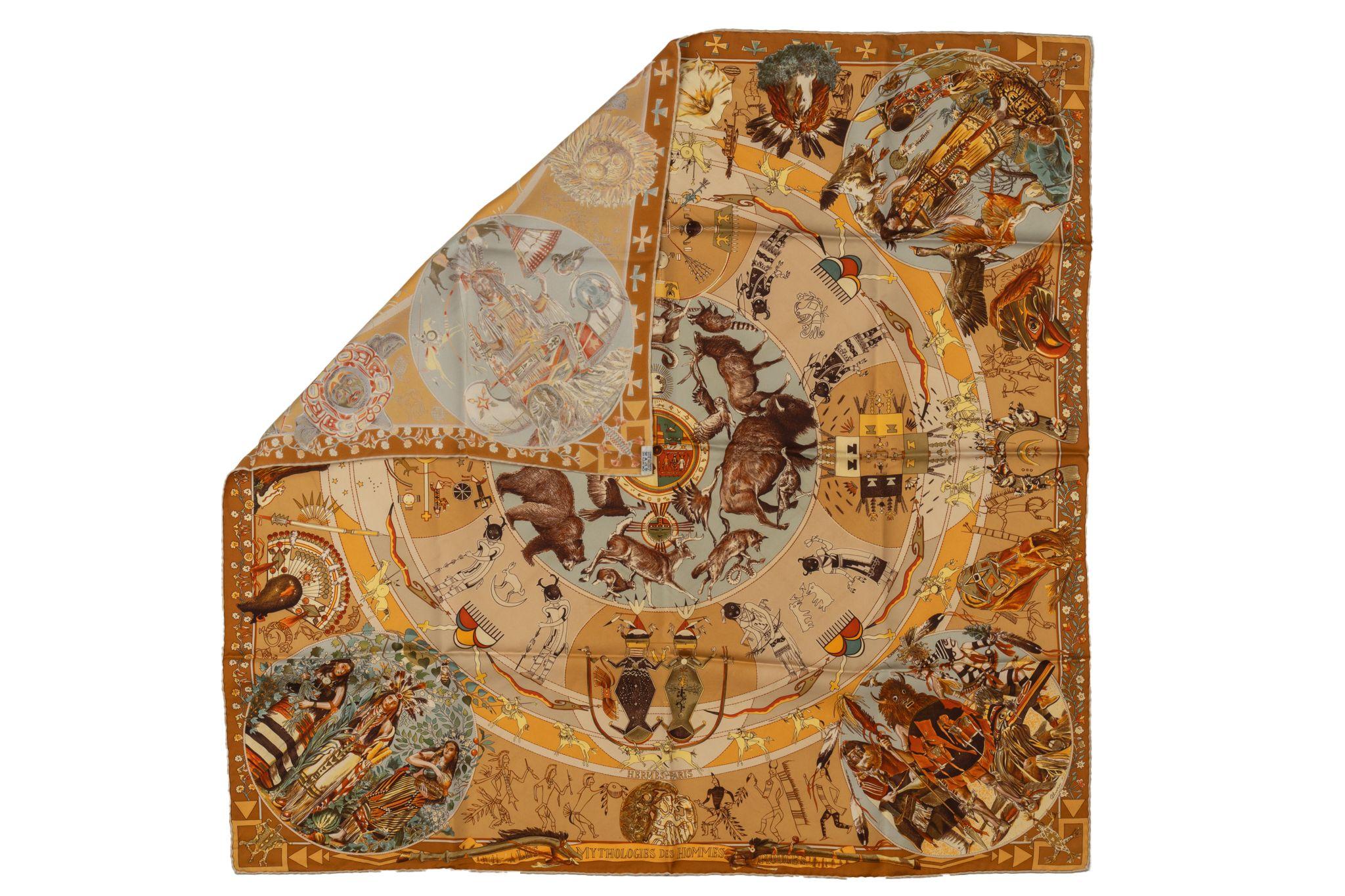 Hermès Mythologies des Hommes silk scarf designed by Kermit Oliver. Hand-rolled edges.