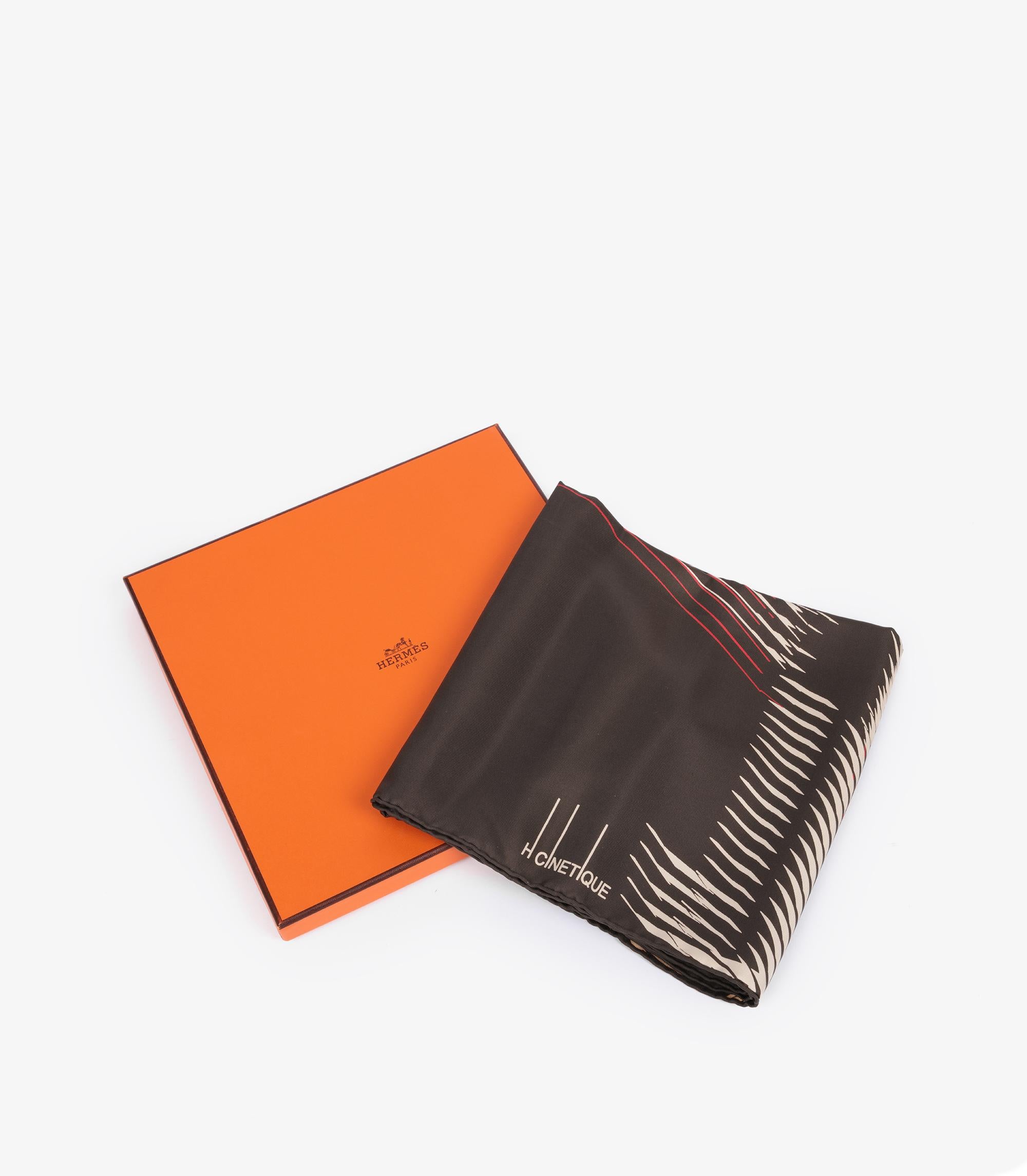 Hermès Brown, Orange & Cream Large H Cinetique Silk Scarf 90 In Excellent Condition For Sale In Bishop's Stortford, Hertfordshire