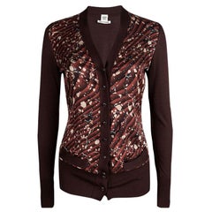Hermes Brown Printed Silk Ribbed Trim Cardigan S