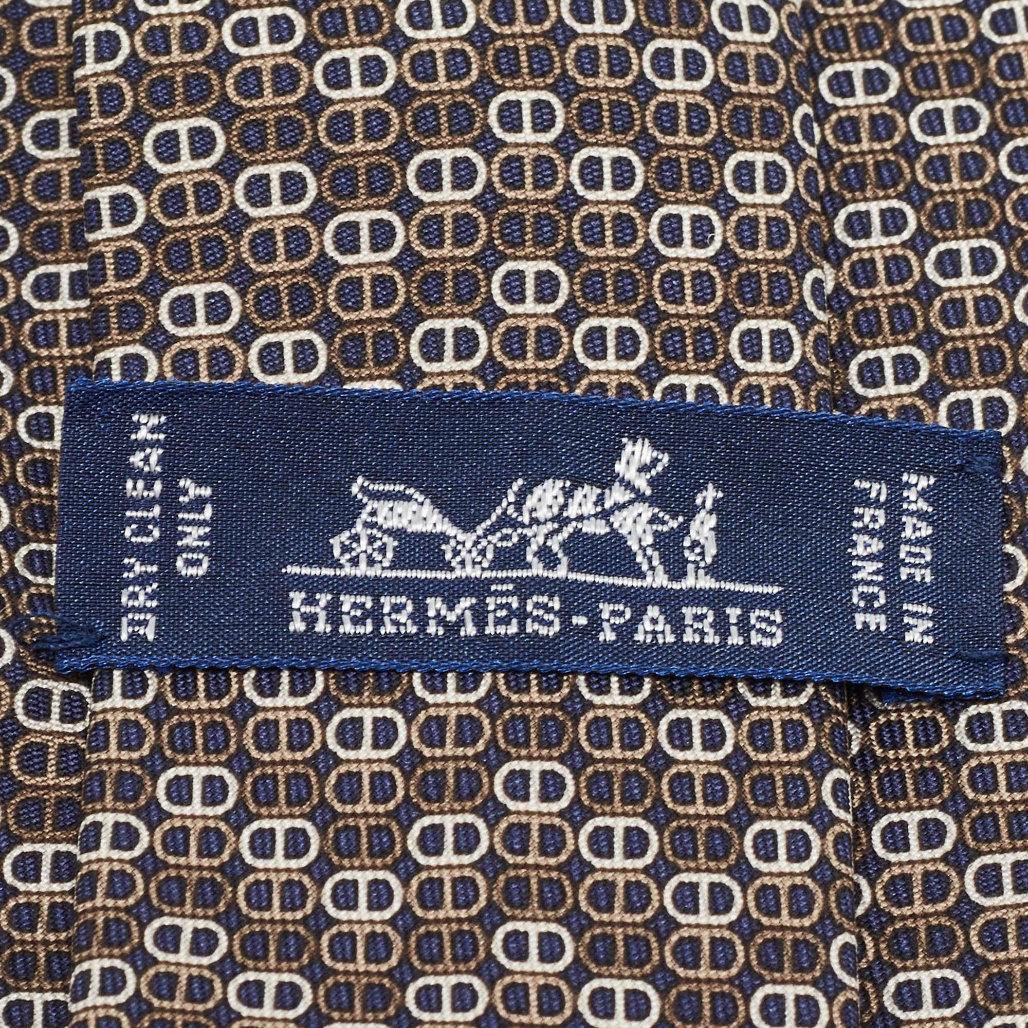 Gray Hermes Brown Printed Silk Tie