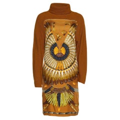 Braunes langärmeliges Kleid aus bedrucktem Seiden-Twill und Alpaka-Strick von Hermes S
