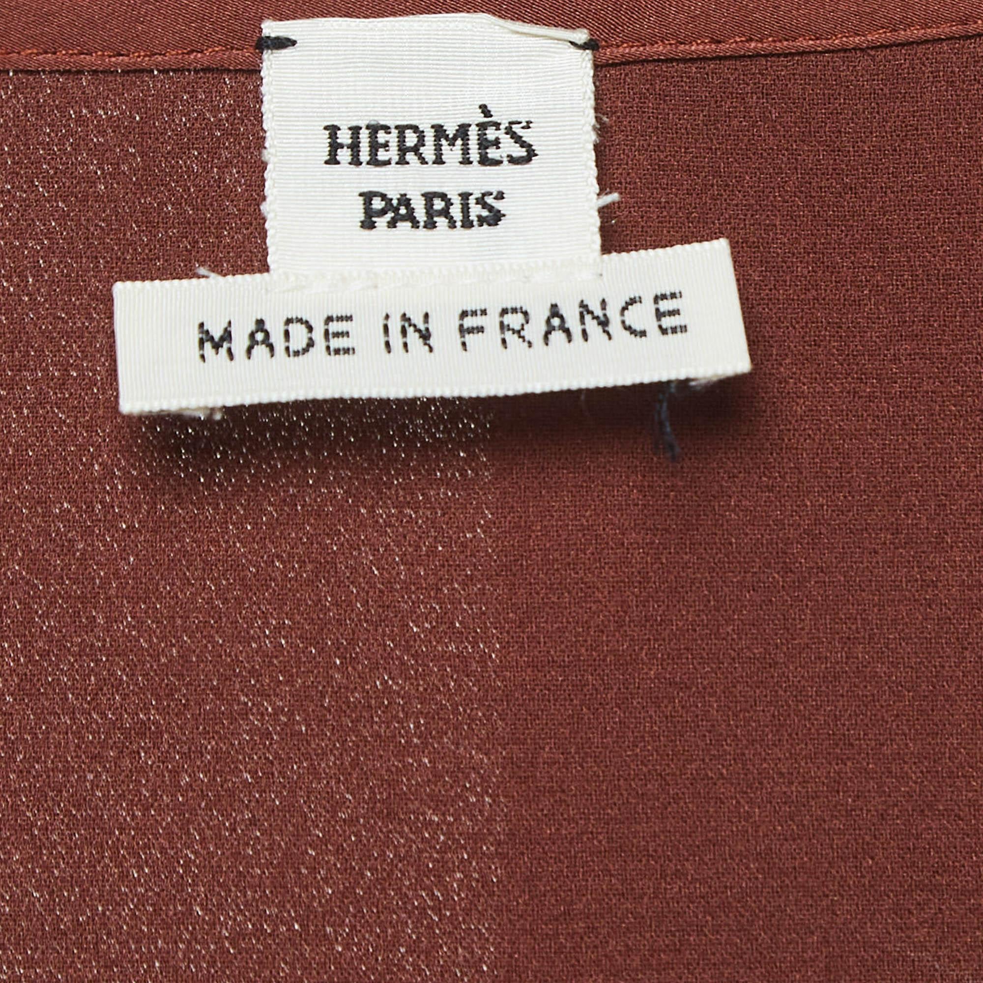 Women's Hermes Brown Silk Drape Style Neck Shift Dress S