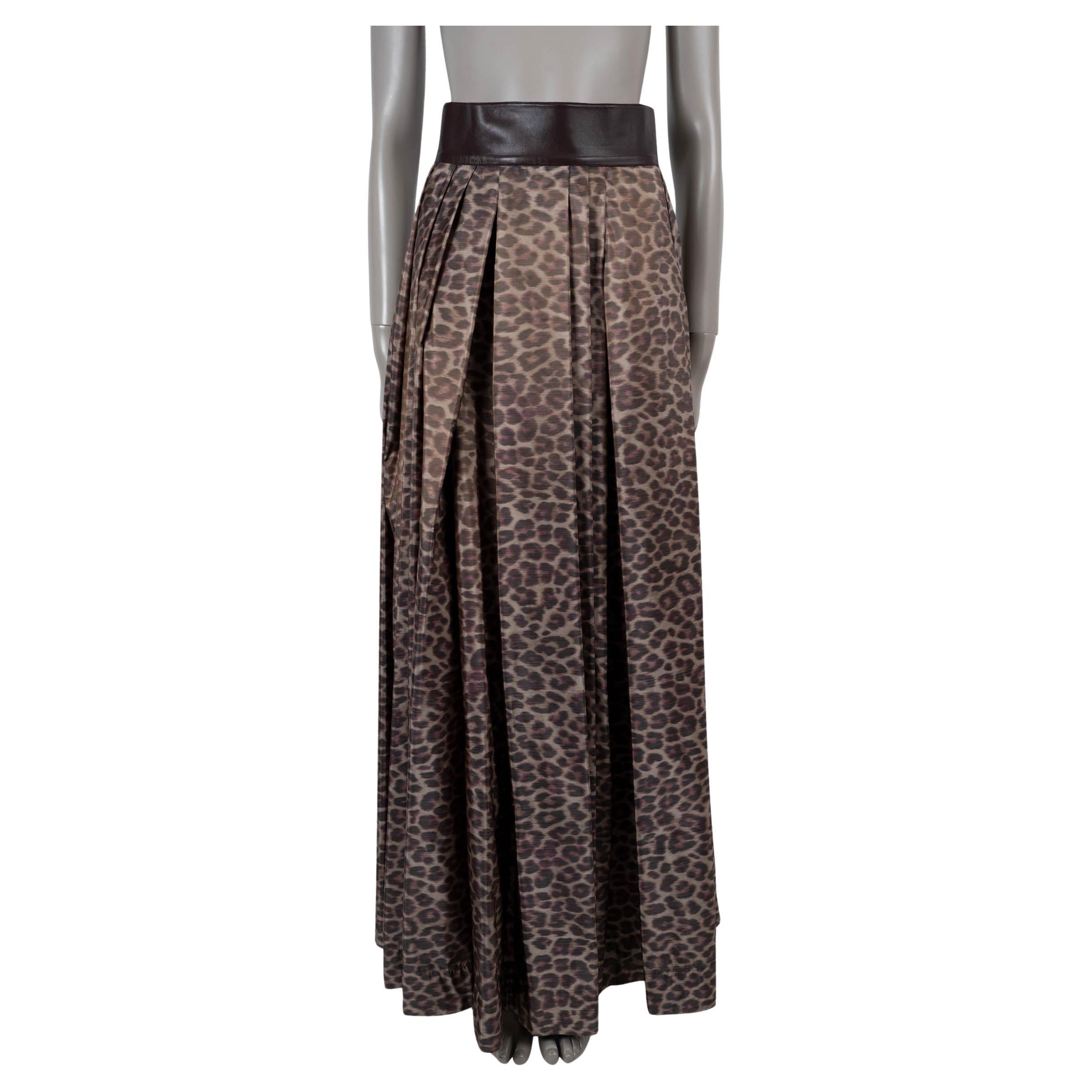 HERMES brown silk LEOPARD PLEATED MAXI Skirt 36 XS