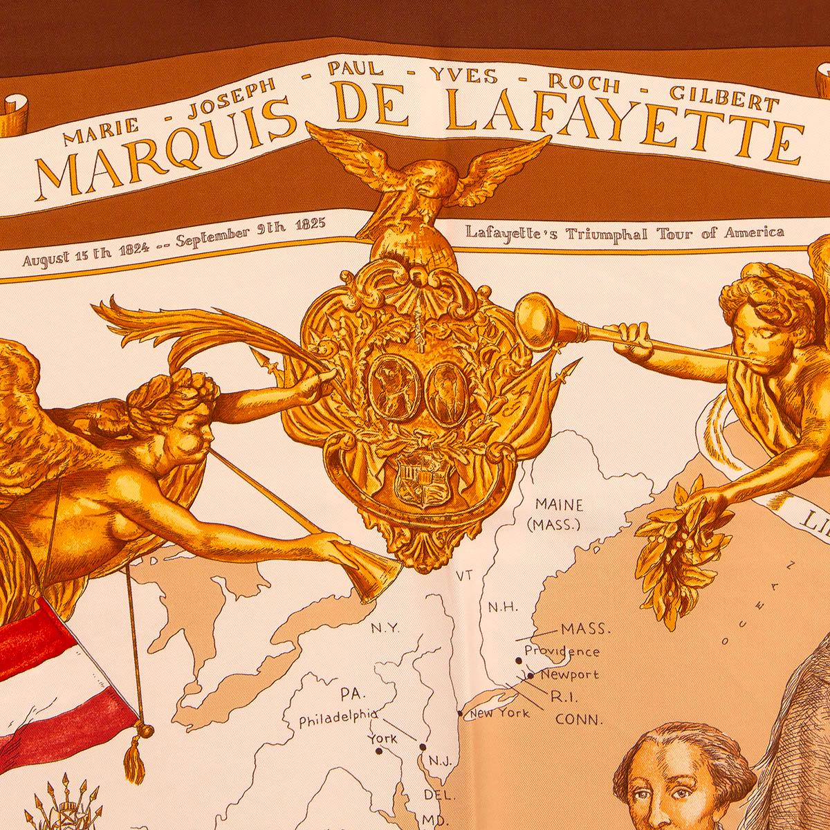 100% authentic Hermès 'Marquis de Lafayette 90' scarf by Kermit Oliver in bronze and brown silk twill (100%) with details in beige, gold, white and red. Has been worn and is in excellent condition.


Issued in 2007

Measurements
Width	90cm