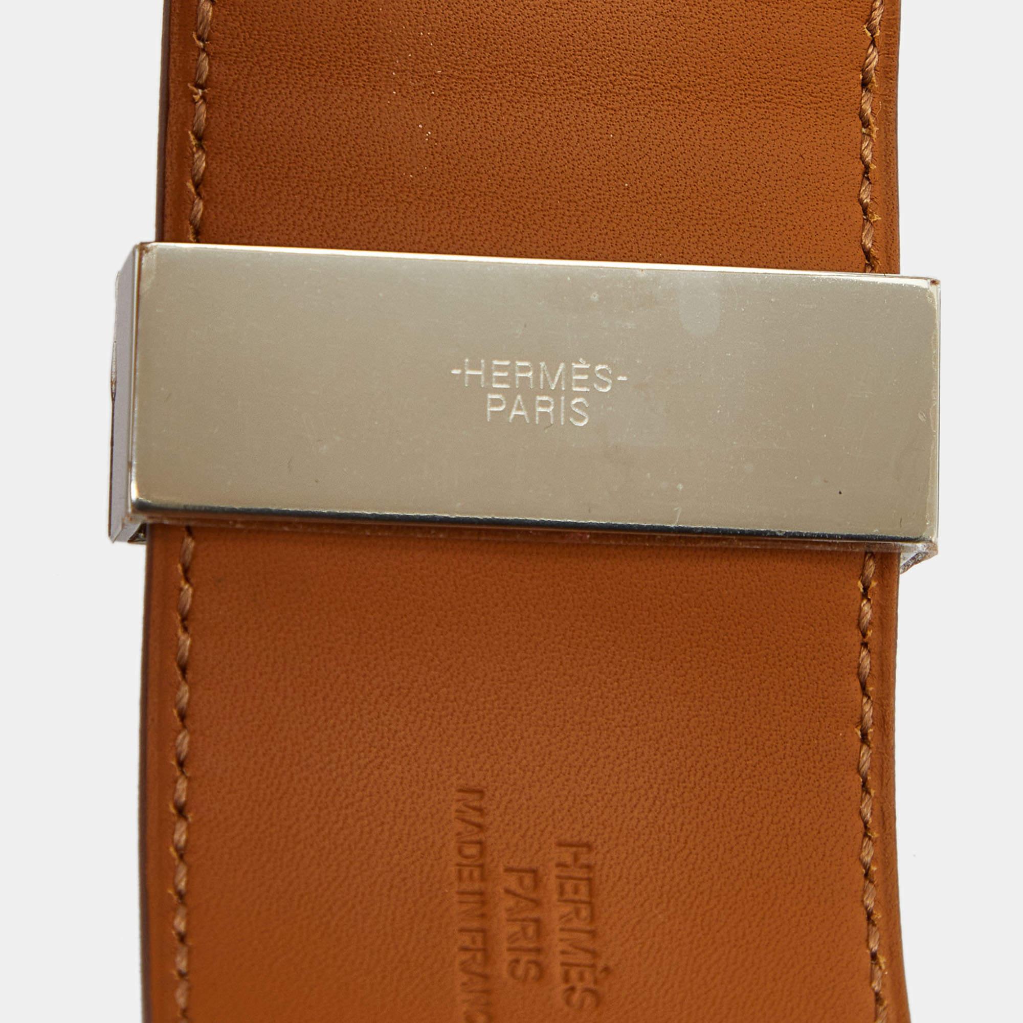 Hermes Brown Striped Leather Palladium Plated Collier De Chien Bracelet For Sale 3