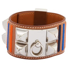 Hermes Brown Striped Leather Palladium Plated Collier De Chien Bracelet