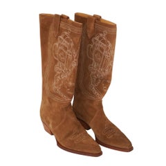 Hermès Brown Suede Calfskin Folk 35 Embroidered Cowboy Boots sz 38