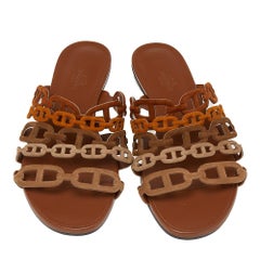 Hermes Brown Suede D'ancre Chaine Flat Slide Sandals Size 38