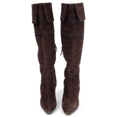 HERMES brown suede EMBROIDERED CRUSADER Knee High Platform Boots Shoes 38