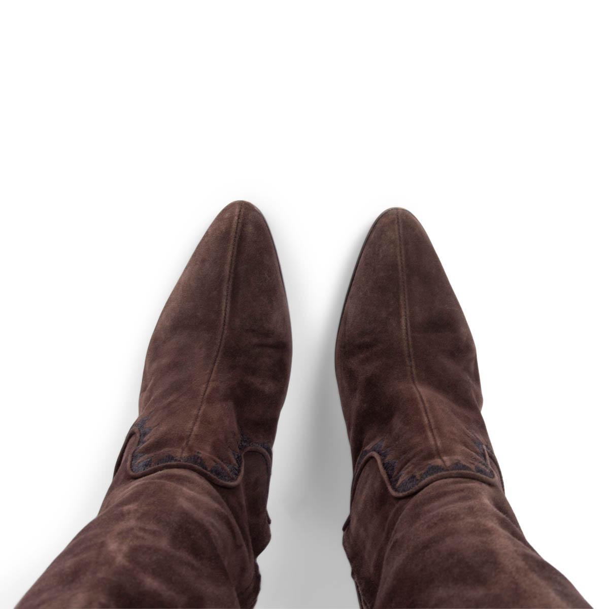 Black HERMES brown suede EMBROIDERED CRUSADER Knee High Platform Boots Shoes 38 For Sale