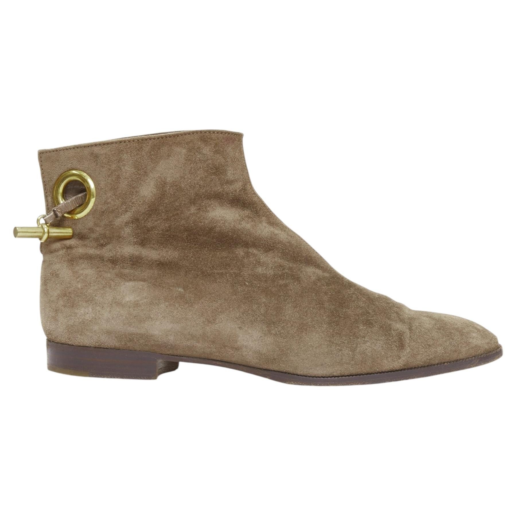 HERMES braun Wildleder Gold Kelly Knebel Hardware Punkt Zehe Knöchel Stiefel EU37.5