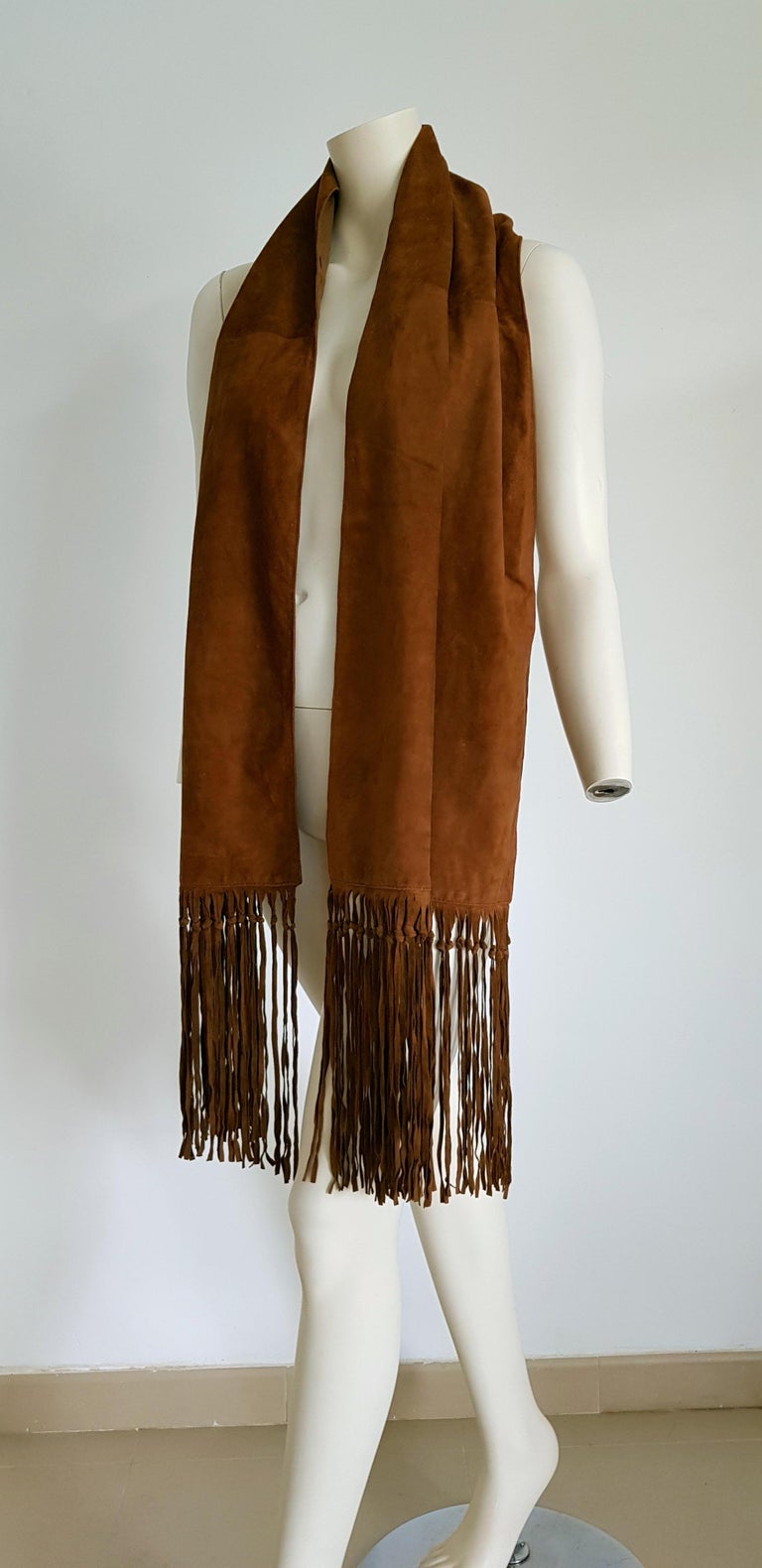 HERMES brown suede scarf with fringes Silk lined Collectible - Unworn ...