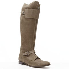 HERMES brown suede zip front silver buckle flat riding boots EU38.5 o