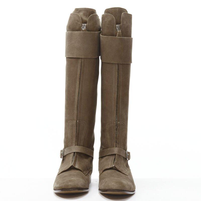 Brown HERMES brown suede zip front silver buckle flat riding boots EU38.5 o