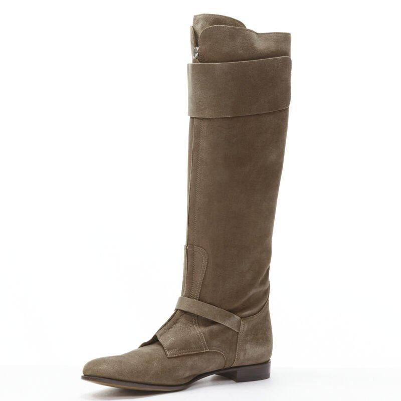 HERMES brown suede zip front silver buckle flat riding boots EU38.5 o In Excellent Condition In Hong Kong, NT