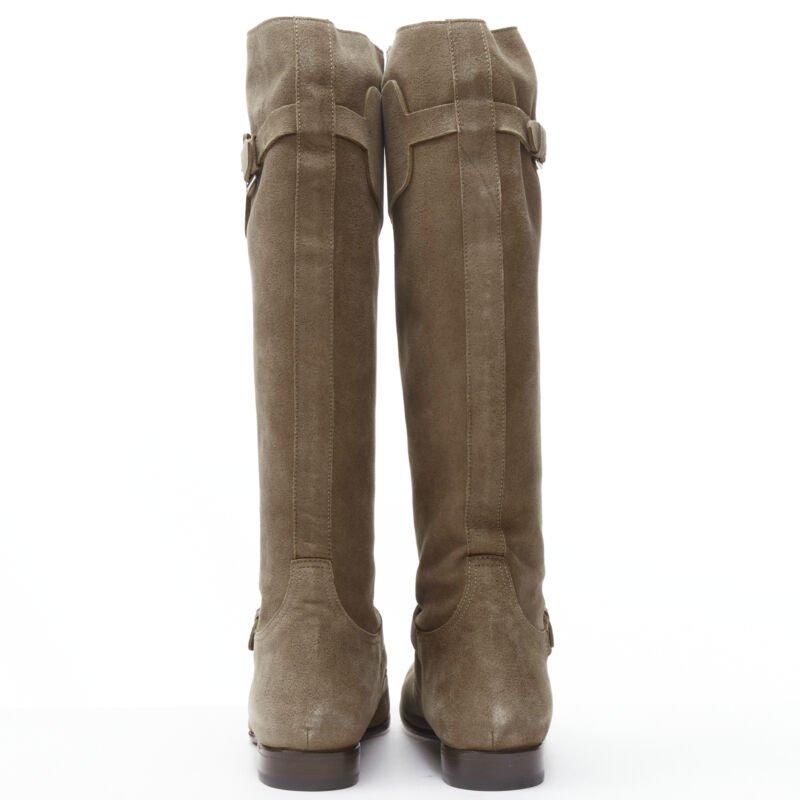 Women's HERMES brown suede zip front silver buckle flat riding boots EU38.5 o