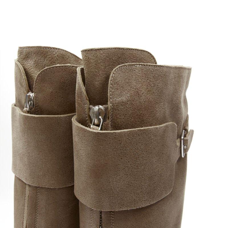 HERMES brown suede zip front silver buckle flat riding boots EU38.5 o 2