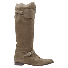 HERMES brown suede zip front silver buckle flat riding boots EU38.5 o