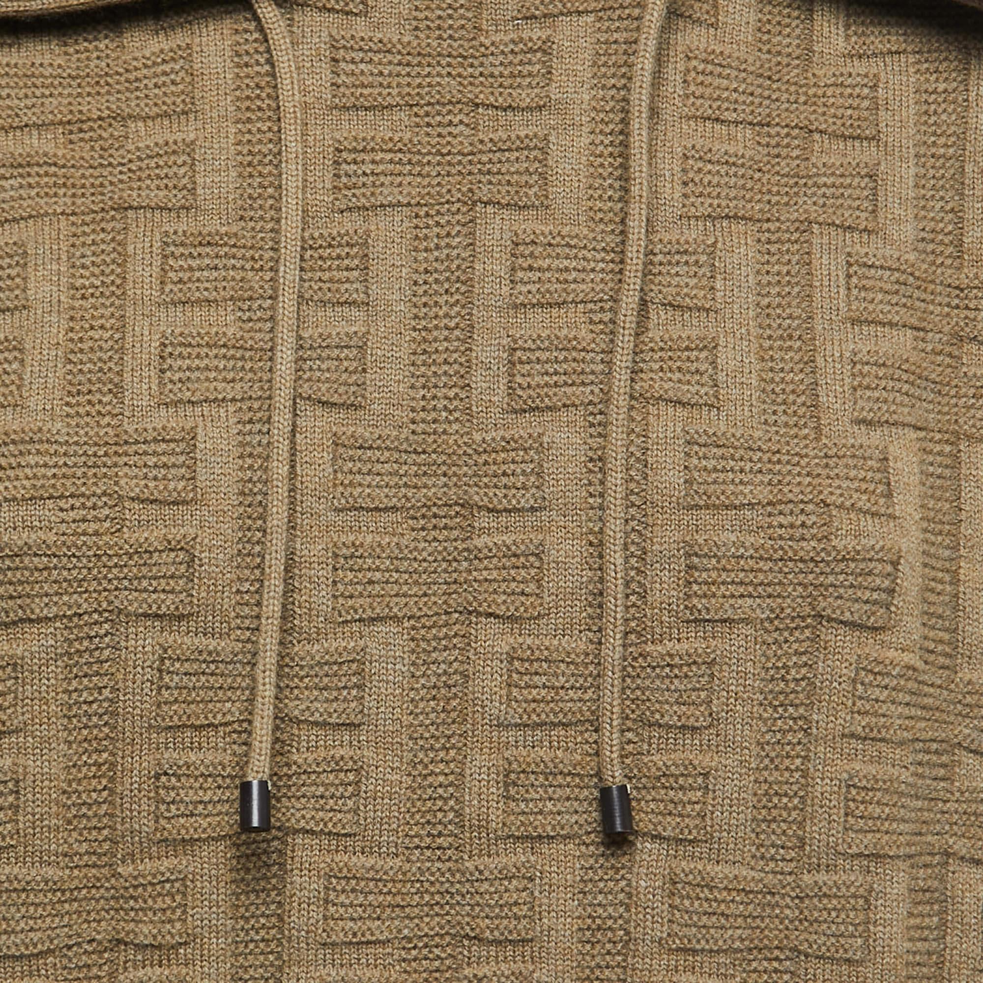 Women's Hermes Brown Textured Wool-Knit Sleeveless Hooded Sweater S