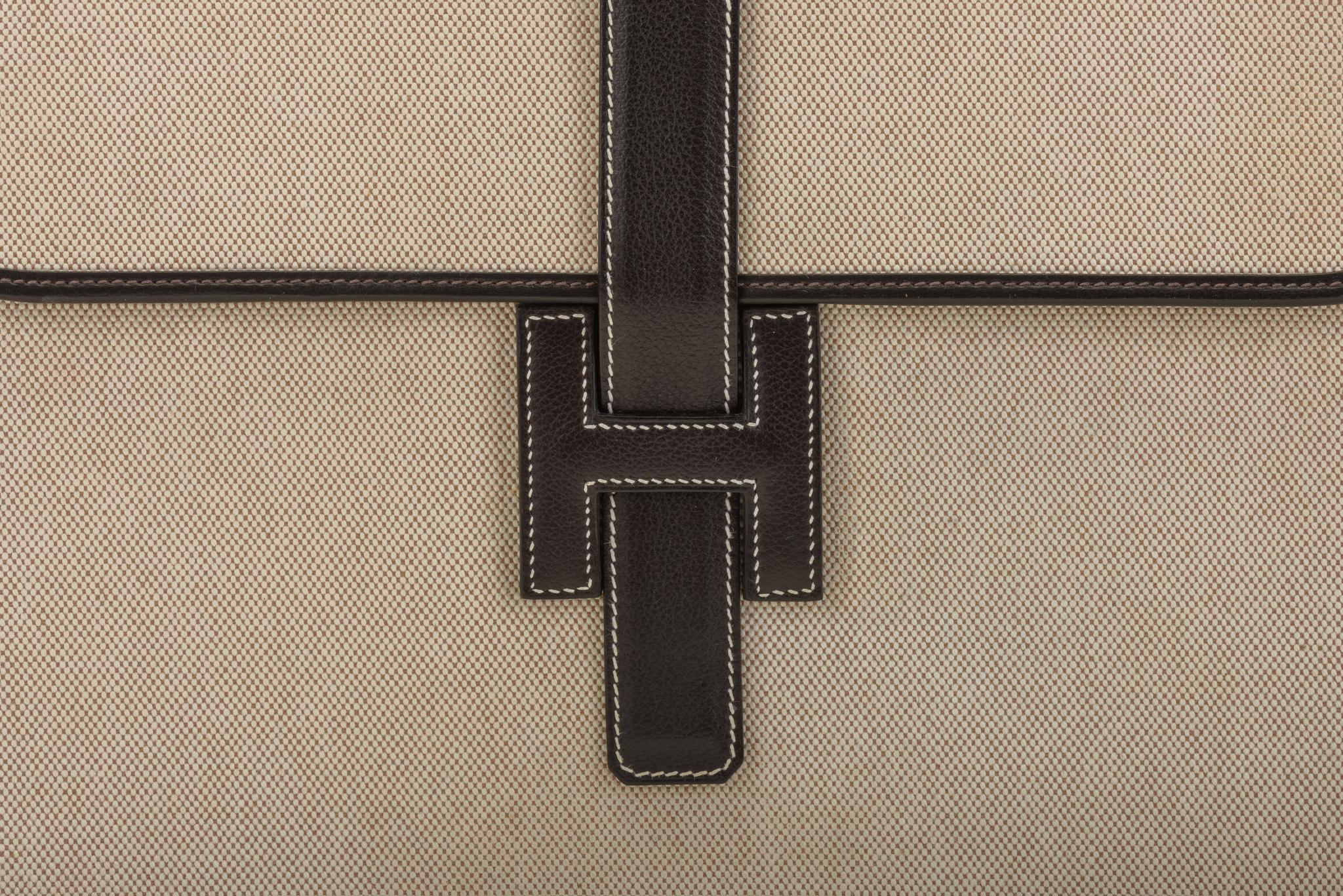 Hermes Brown & Toile Large Jige Clutch In Excellent Condition In West Hollywood, CA