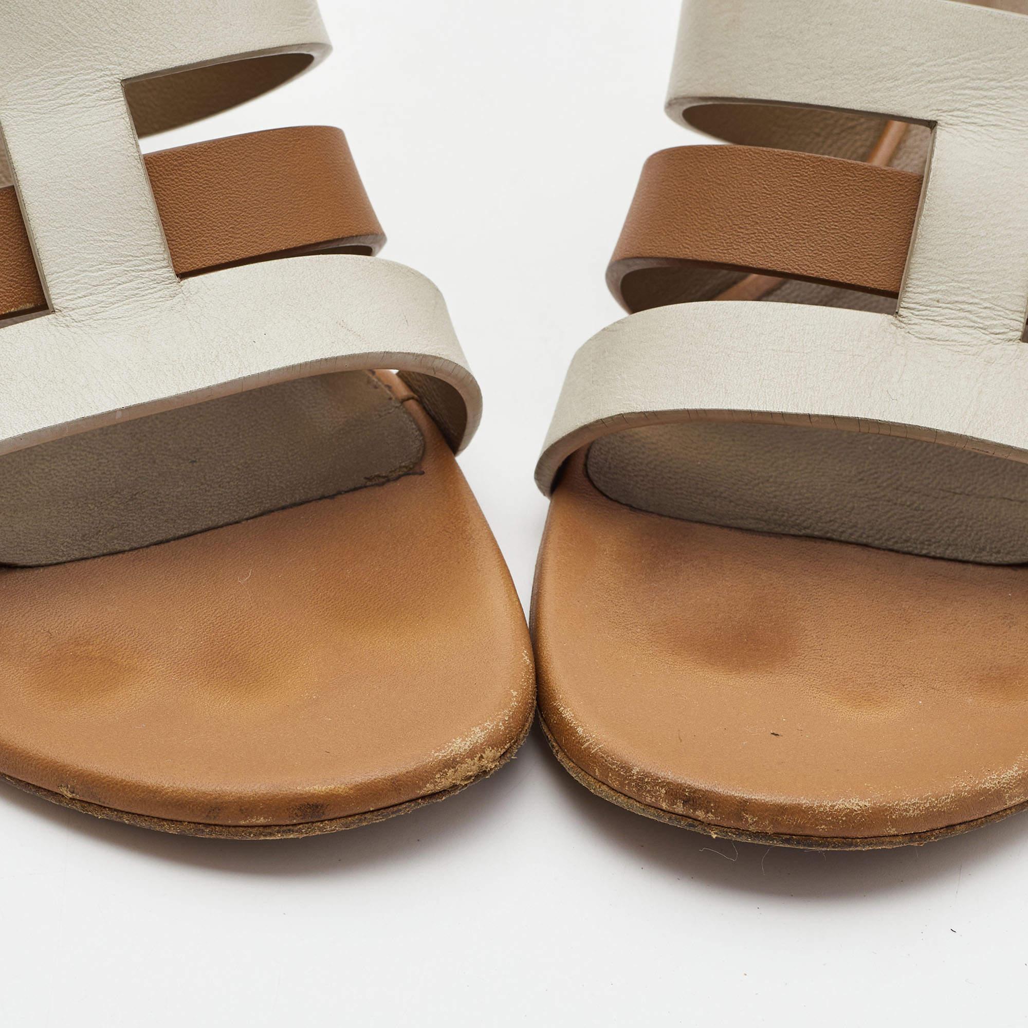 Hermes Brown/White Leather Amica Sandals Size 39.5 8