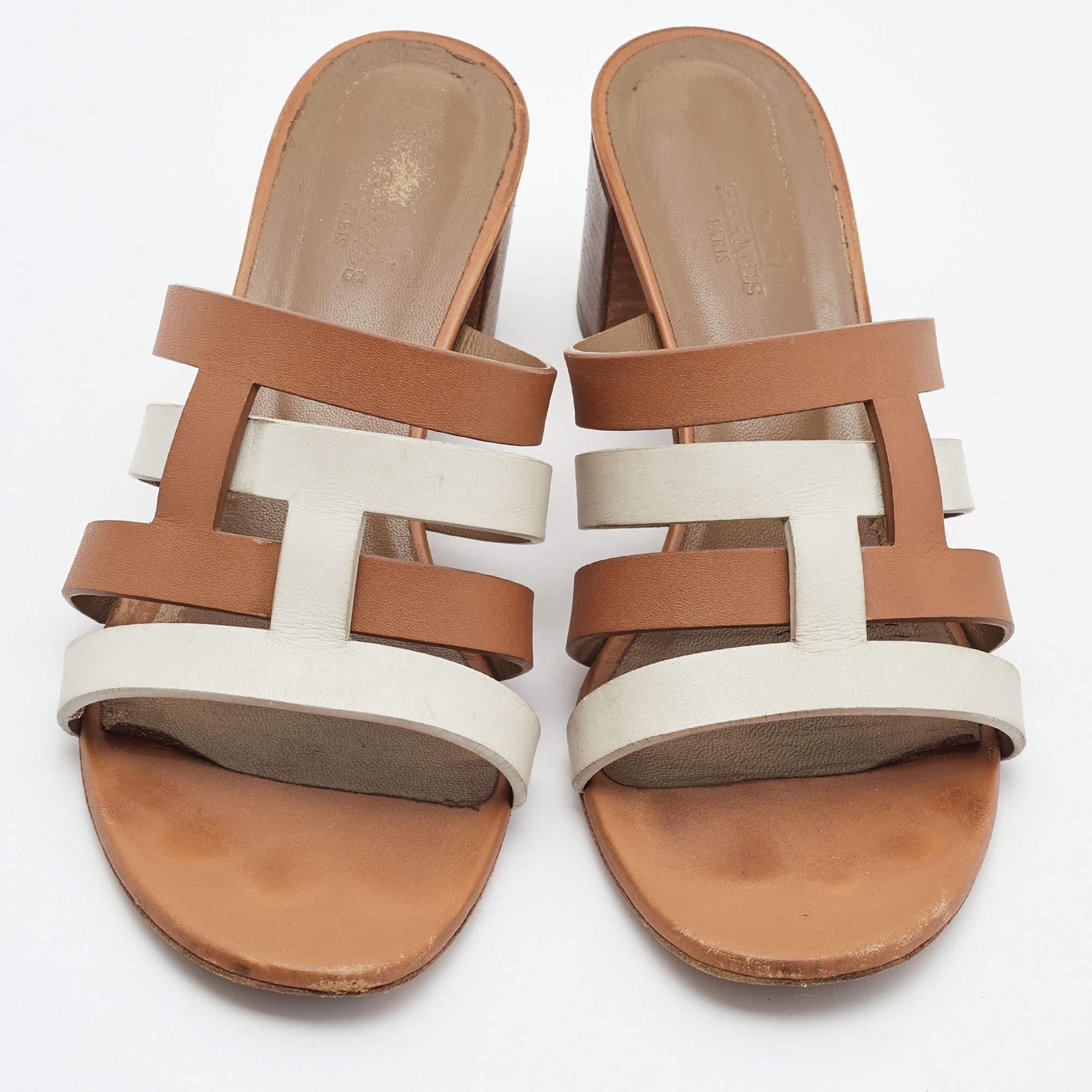 Women's Hermes Brown/White Leather Amica Sandals Size 39.5