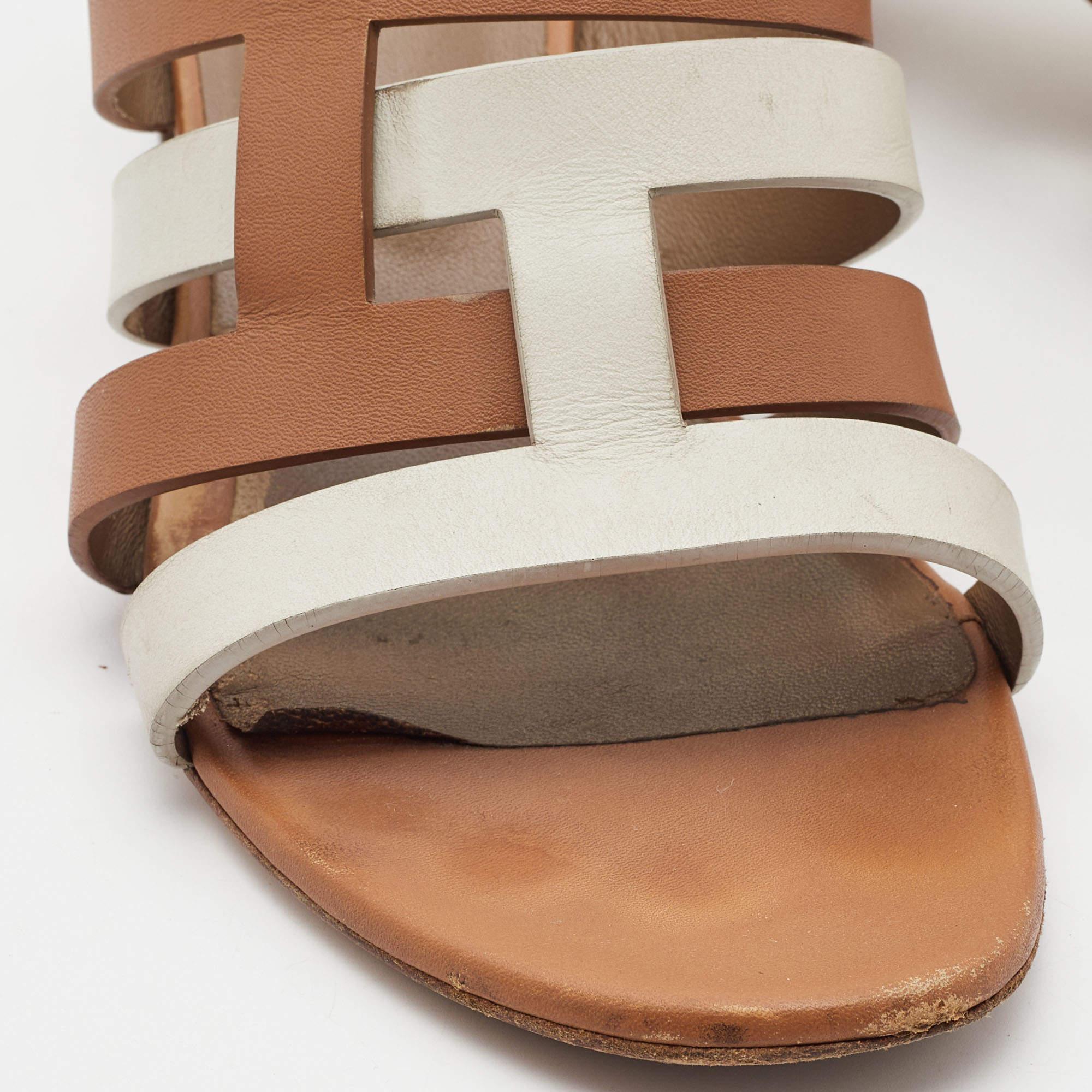 Hermes Brown/White Leather Amica Sandals Size 39.5 4